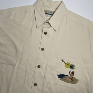 Kahala Men's XL Silk Hawaiian Christmas Santa Clause  Beige Short Sleeve Xmas